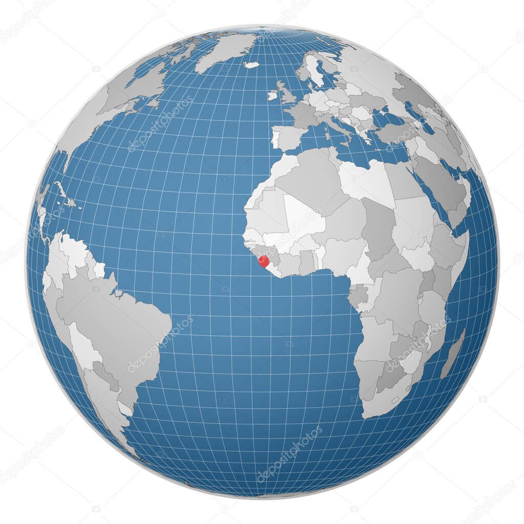 Globe centered to Sierra Leone Country highlighted with green color on world map Satellite world