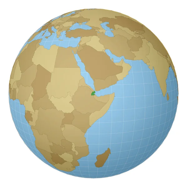 Globe centered to Djibouti Country τονίζεται με πράσινο χρώμα στον παγκόσμιο χάρτη Δορυφορική προβολή — Διανυσματικό Αρχείο