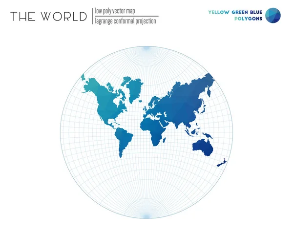 Polygonale kaart van de wereld Lagrange conformale projectie van de wereld Geel Groen Blauw gekleurd — Stockvector