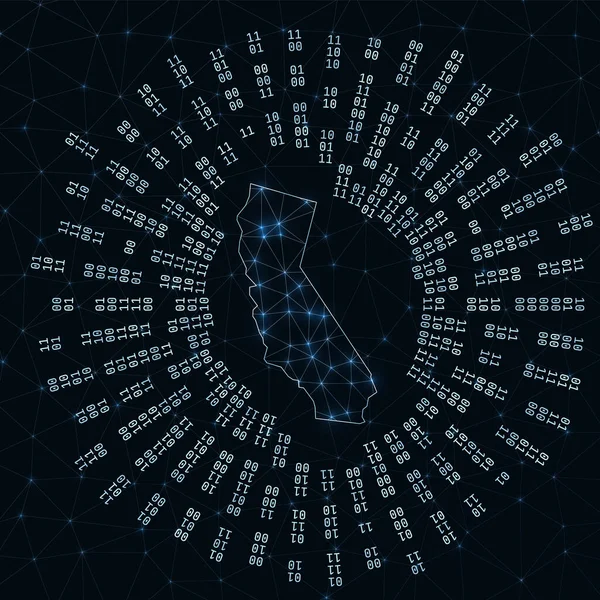 Mapa digital de California Rayos binarios que irradian alrededor de nosotros las conexiones y los datos de Internet del estado — Archivo Imágenes Vectoriales