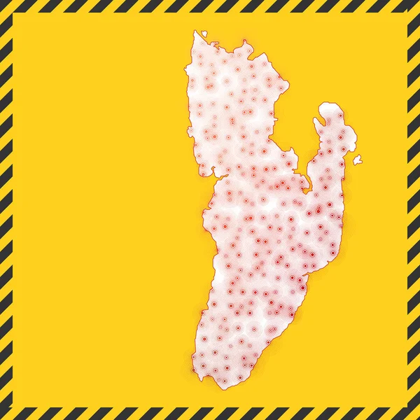 カダンKyun閉鎖ウイルス危険標識島のアイコンをロックダウン地図の周りの黒い縞模様の境界線 — ストックベクタ
