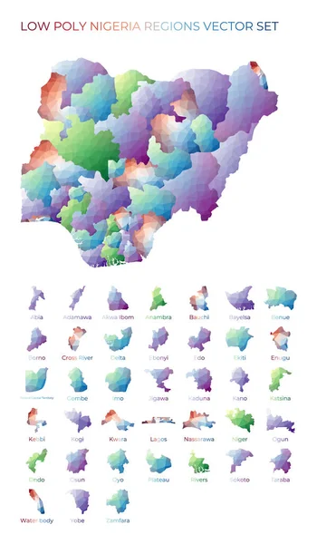 Nigerianska låg poly regioner Polygonal karta över Nigeria med regioner Geometriska kartor för din design — Stock vektor