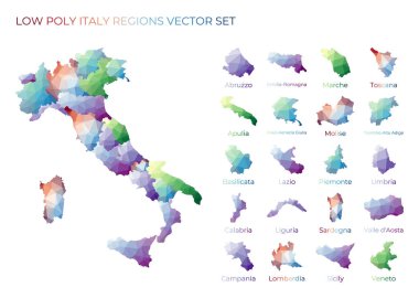 İtalya 'nın düşük poligonal bölgeleri, tasarım için bölgeler ve Geometrik haritalar içeren çokgen İtalya haritaları
