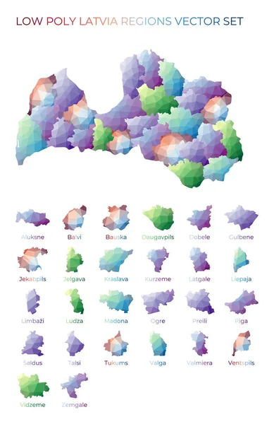 Lettone regioni a basso poligono Mappa poligonale della Lettonia con regioni Mappe geometriche per il tuo design Neat — Vettoriale Stock