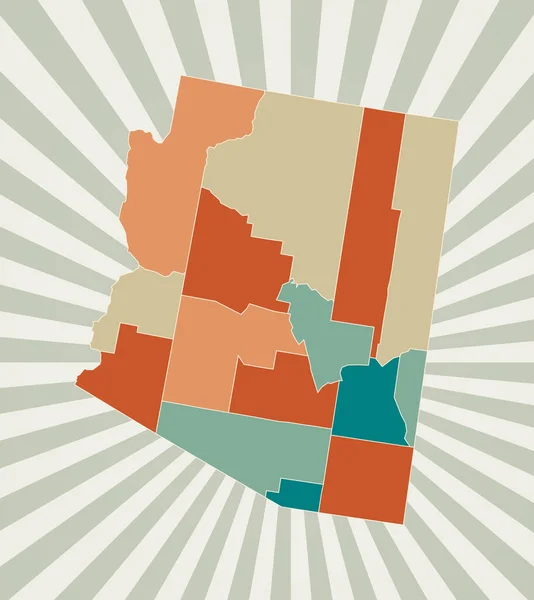 Arizonská mapa Plakát s mapou státu USA v retro barevné paletě Tvar Arizony se slunečním svitem — Stockový vektor