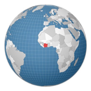 Dünya haritasında yeşil renkle vurgulanmış Fildişi Sahil Ülkesi merkezli uydu dünyası