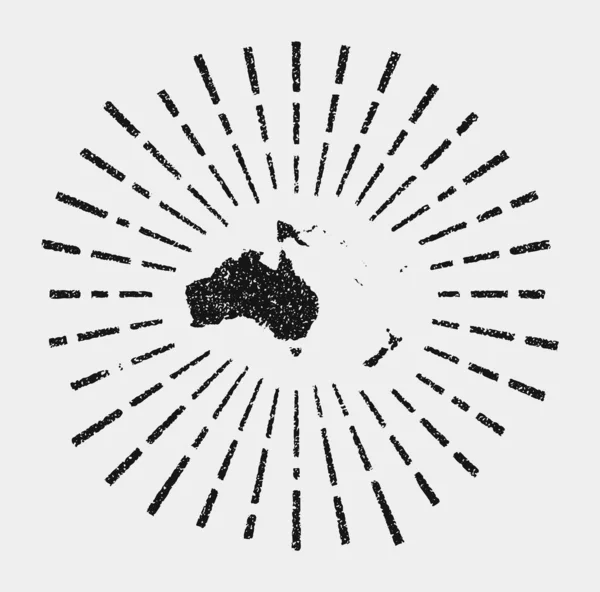 Vintage map of Oceania Grunge sunburst кругом континенту Чорний океан форми з сонячними променями на — стоковий вектор