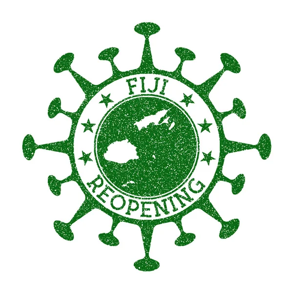 Fiji reapertura sello verde ronda insignia del país con el mapa de Fiji País apertura después del bloqueo — Vector de stock