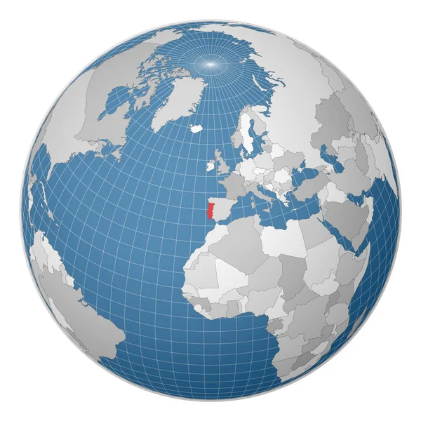Globe gecentreerd naar Portugal Land gemarkeerd met groene kleur op wereldkaart Satellietwereld — Stockvector