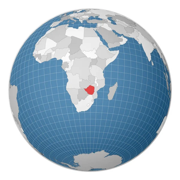 Globo centrado no Zimbabué País destacado com cor verde no mapa mundial Mundo satélite — Vetor de Stock