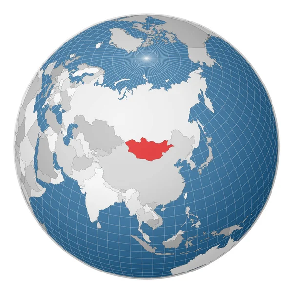 Globo centrado en Mongolia País resaltado con color verde en el mapa mundial Mundo satélite — Archivo Imágenes Vectoriales