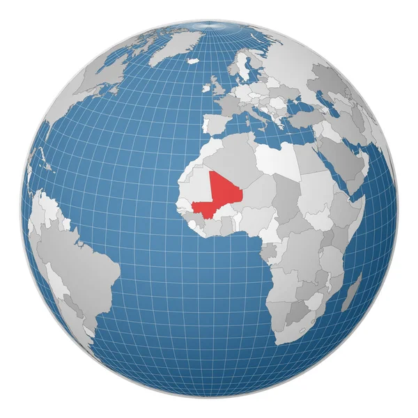 Globus zentriert auf Mali Land hervorgehoben mit grüner Farbe auf Weltkarte Satellitenwelt — Stockvektor
