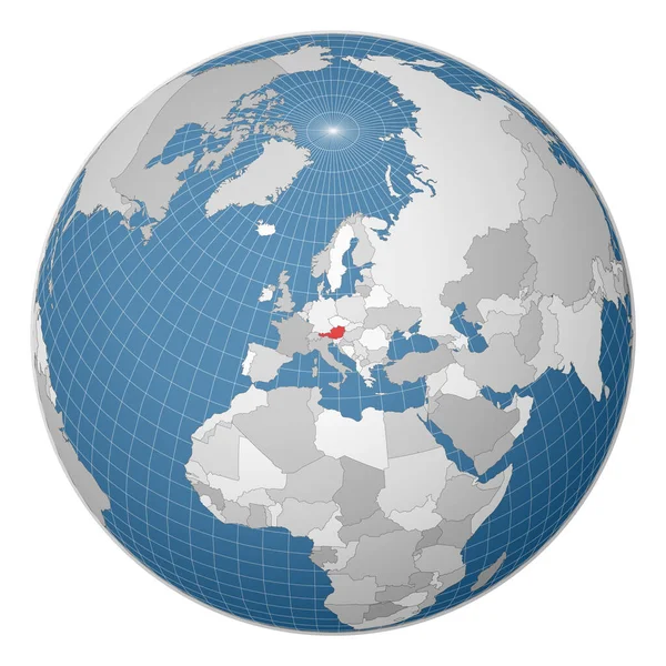 Globe centered to Austria Χώρα τονίζεται με πράσινο χρώμα στον παγκόσμιο χάρτη — Διανυσματικό Αρχείο