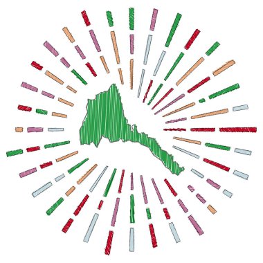 Ülkenin dört bir yanında bayrak renginde Eritre Günışığı 'nın eskiz haritası. El, Eritre şeklini güneşle çizmiş.
