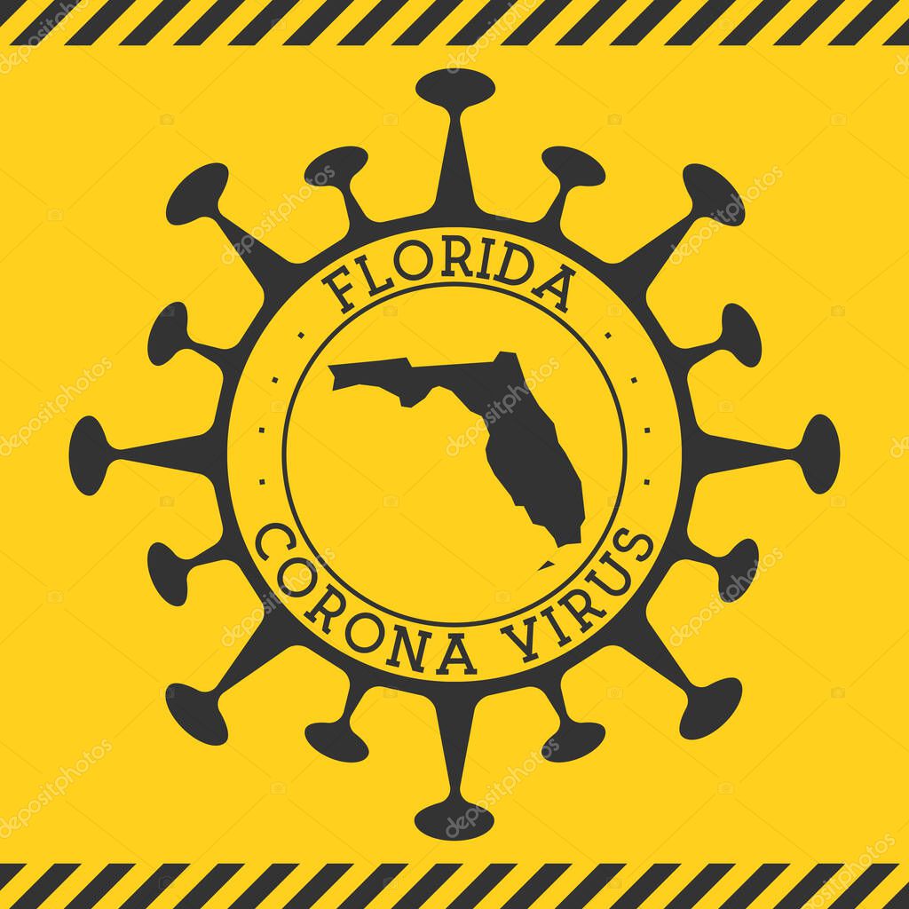 Corona virus in Florida sign. Round badge with shape of virus and Florida map. Yellow us state epidemy lock down stamp. Vector illustration.