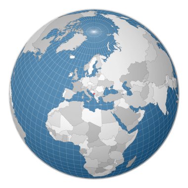 Dünya haritasında Uydu dünyası üzerinde yeşil renkle vurgulanan dünya merkezli Karadağ Ülkesi