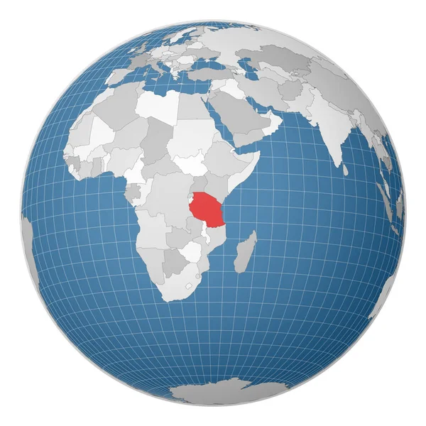Globo centrado en Tanzania País resaltado con color verde en el mapa mundial Mundo satélite — Vector de stock