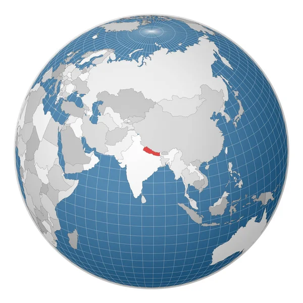 Globe centered to Nepal Χώρα τονισμένη με πράσινο χρώμα στον παγκόσμιο χάρτη — Διανυσματικό Αρχείο