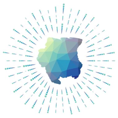 Suriname çokgen güneş patlaması şekli Ülke haritası Renkli yıldız ışınları Surinam