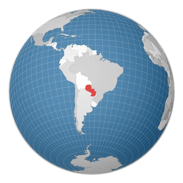Globe centered to Paraguay Χώρα τονίζεται με πράσινο χρώμα στον παγκόσμιο χάρτη — Διανυσματικό Αρχείο