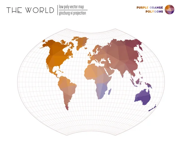 Wereldkaart met levendige driehoeken Ginzburg VI projectie van de wereld Paars Oranje gekleurd — Stockvector