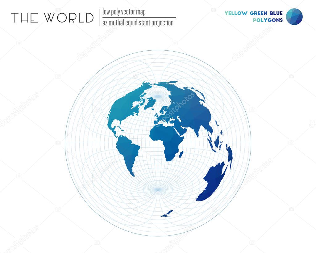 Abstract world map Azimuthal equidistant projection of the world Yellow Green Blue colored