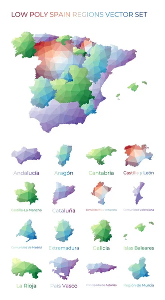 Espanhol baixo poli regiões Mapa poligonal da Espanha com regiões Mapas geométricos para o seu projeto — Vetor de Stock