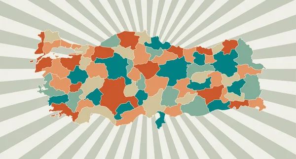 トルコ地図国の地図を持つポスターレトロカラーパレットトルコの形状と日の出 — ストックベクタ