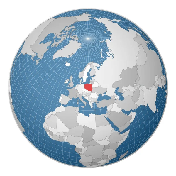 Globus mit Polen im Zentrum Land mit grüner Farbe auf Weltkarte Satellitenwelt hervorgehoben — Stockvektor