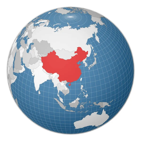 Globo centrado en China País resaltado con color verde en el mapa del mundo Mundo satélite — Vector de stock
