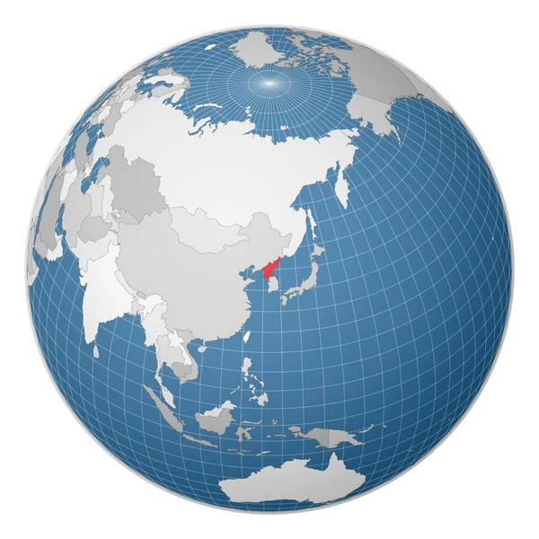 Globe centered to Korea Północna Kraj oznaczony zielonym kolorem na mapie świata Świat satelitarny — Wektor stockowy