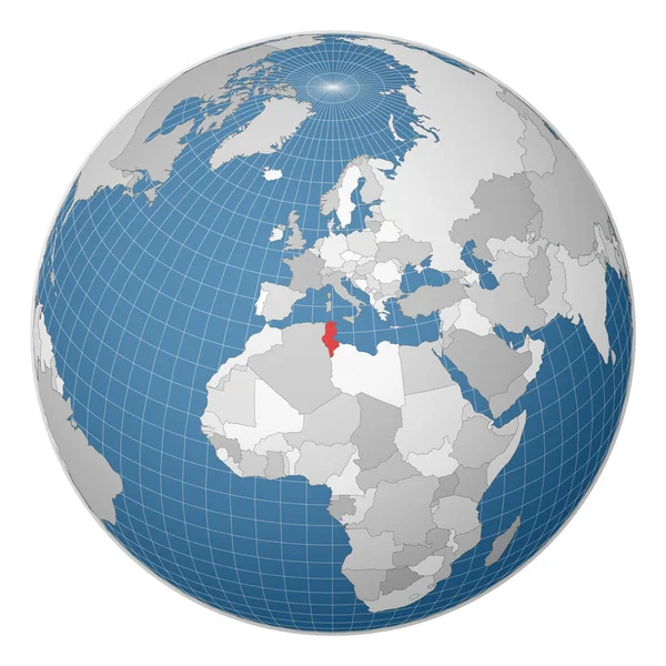 Globo centrado na Tunísia País destacado com cor verde no mapa mundial Mundo satélite — Vetor de Stock