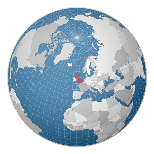 Globus mit Großbritannien im Zentrum Land mit grüner Farbe auf Weltkarte Satellitenwelt hervorgehoben — Stockvektor