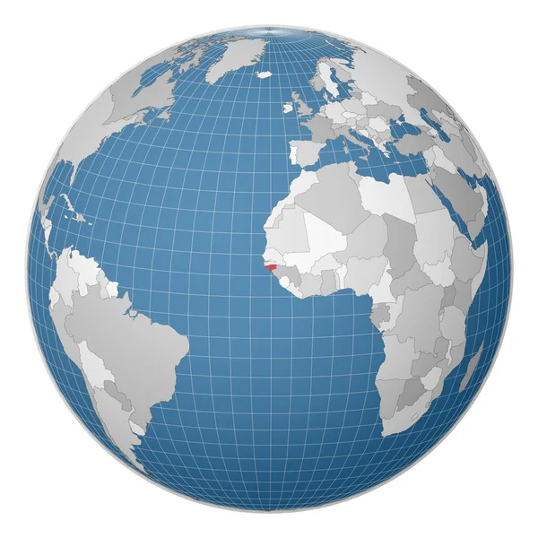 世界地図上で緑の色で強調表示されたギニアビサウ国を中心としたグローブ衛星世界 — ストックベクタ