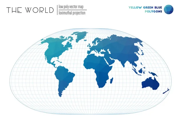 Mappa del mondo in stile poligonale Proiezione ossimutale del mondo Giallo Verde Blu — Vettoriale Stock