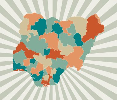 Nijerya Haritası Posteri, Nijerya 'nın geçmişe dönük renk paleti şeklinde güneş patlaması ile ülke haritası.