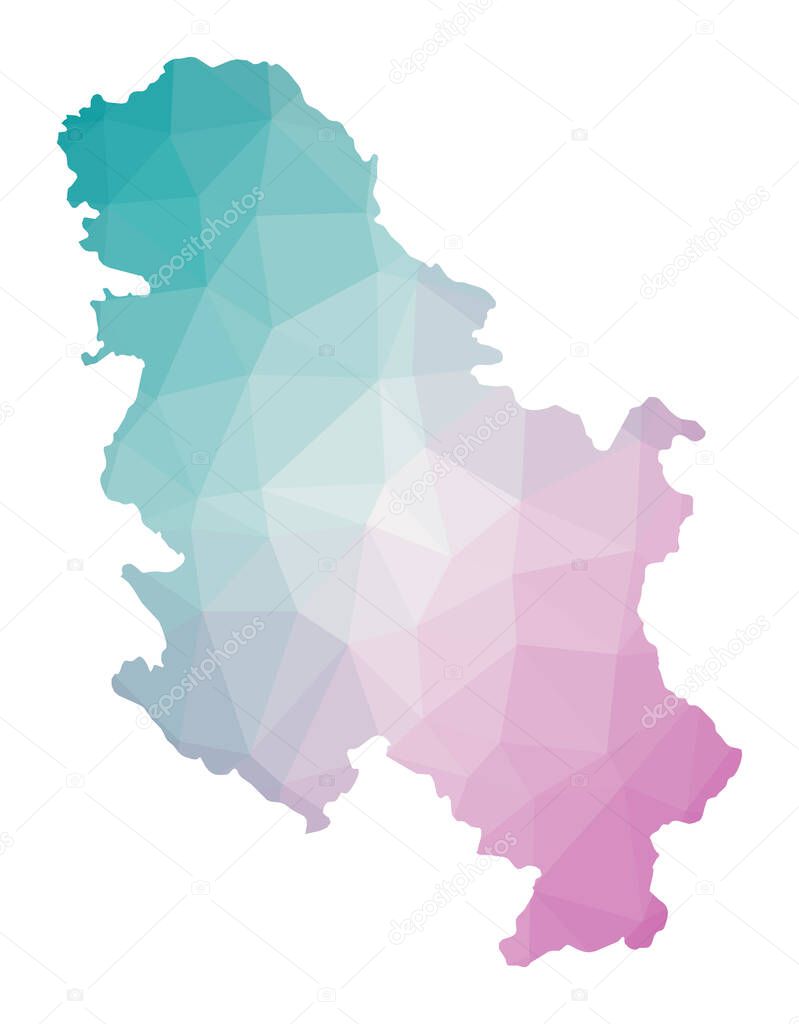 Polygonal map of Serbia Geometric illustration of the country in emerald amethyst colors Serbia
