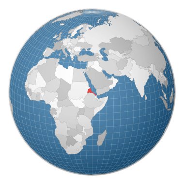 Dünya haritasında yeşil renkle işaretlenmiş Eritre Ülkesi merkezli uydu dünyası