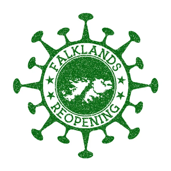 Malvinas reapertura sello verde ronda insignia del país con mapa de Malvinas País apertura después — Vector de stock