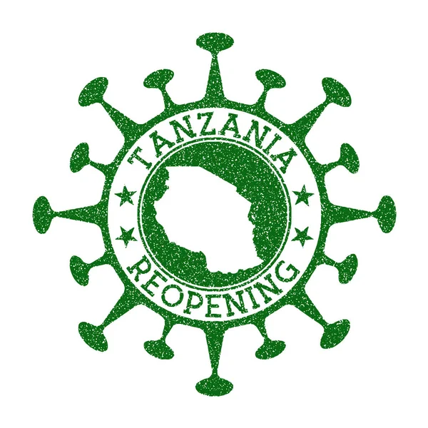 Tanzania reapertura sello verde ronda insignia del país con mapa de Tanzania País apertura después de — Vector de stock