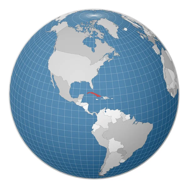 Globe centered to Cuba Χώρα τονίζεται με πράσινο χρώμα στον παγκόσμιο χάρτη — Διανυσματικό Αρχείο