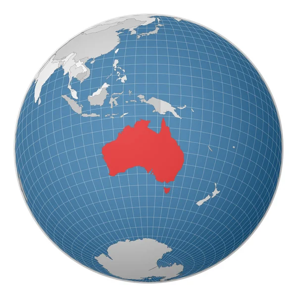 Globus mit Australien im Zentrum Land mit grüner Farbe auf Weltkarte Satellitenwelt hervorgehoben — Stockvektor