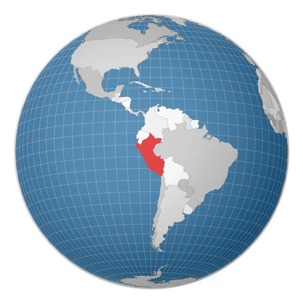 Globus mit Peru-Zentrum Land mit grüner Farbe auf Weltkarte Satellitenwelt hervorgehoben — Stockvektor