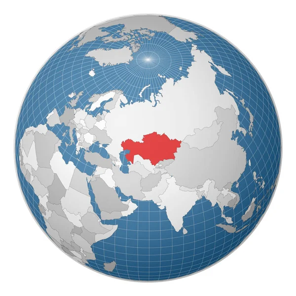 Globe centré sur le Kazakhstan Pays mis en évidence avec la couleur verte sur la carte du monde Monde satellite — Image vectorielle