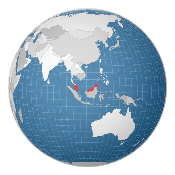 Globe centered to Malaysia Country τονίζεται με πράσινο χρώμα στον παγκόσμιο χάρτη — Διανυσματικό Αρχείο