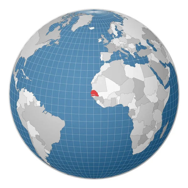 Globe centered to Senegal Kraj oznaczony zielonym kolorem na mapie świata Świat satelitarny — Wektor stockowy