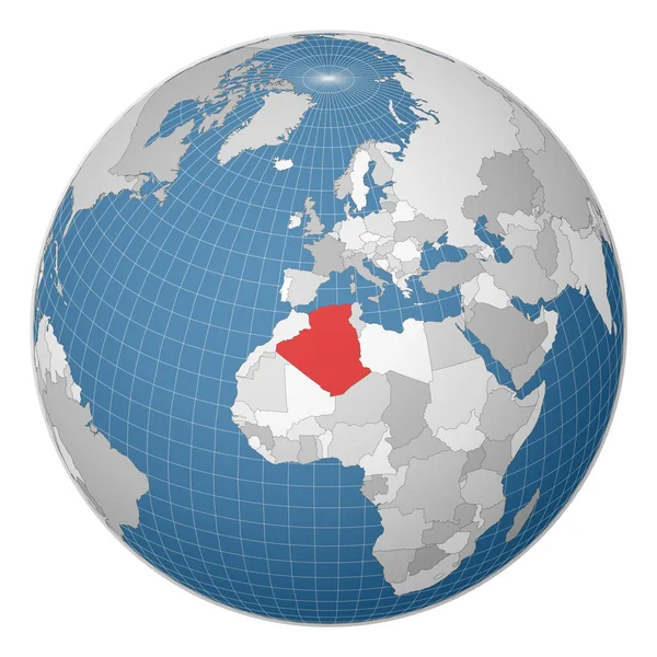 Globe centered to Algeria Χώρα τονίζεται με πράσινο χρώμα στον παγκόσμιο χάρτη — Διανυσματικό Αρχείο