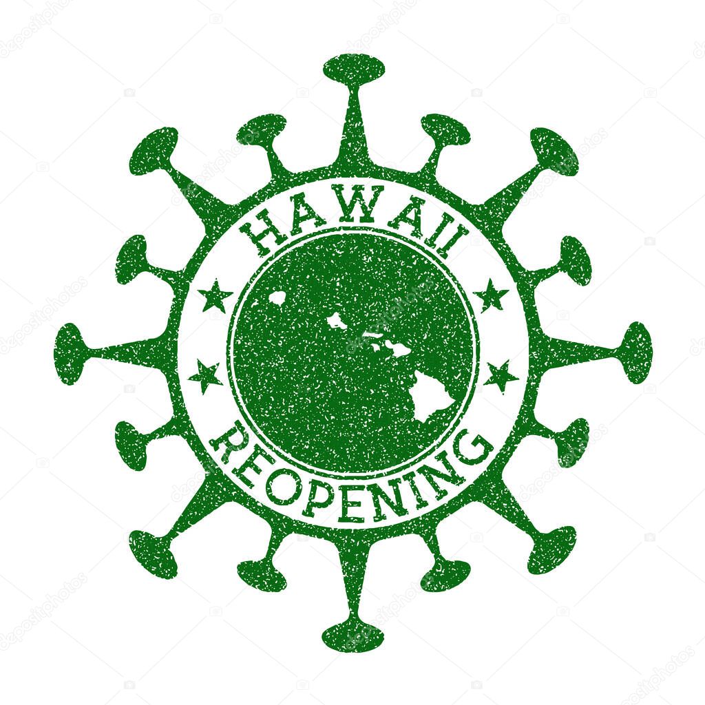 Hawaii Reopening Stamp Green round badge of island with map of Hawaii Island opening after