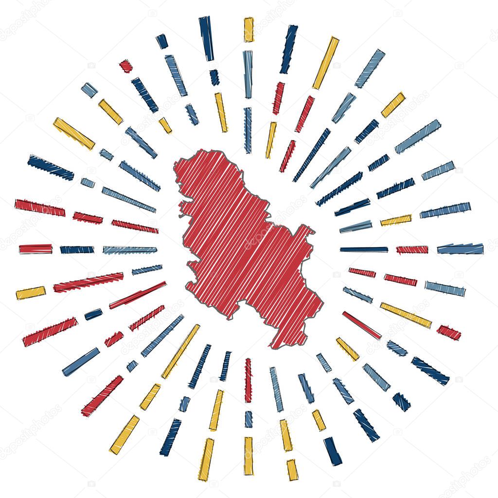 Sketch map of Serbia Sunburst around the country in flag colors Hand drawn Serbia shape with sun