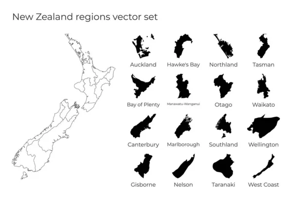Új-Zéland térképe régiók formáival Az ország térképe régiókkal — Stock Vector